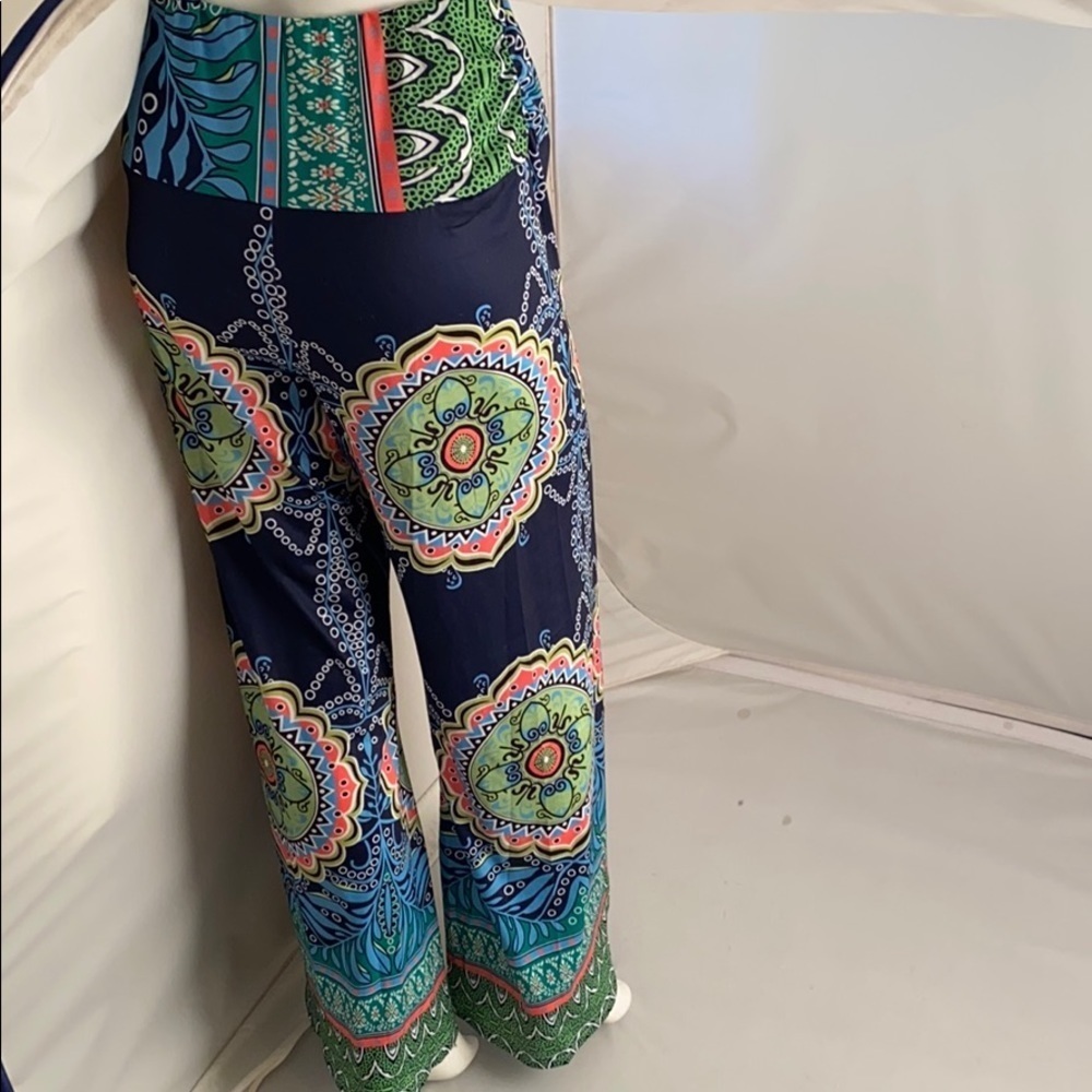 Multicolor navy blue pattern stretch palazzo pants L - Picture 3 of 10